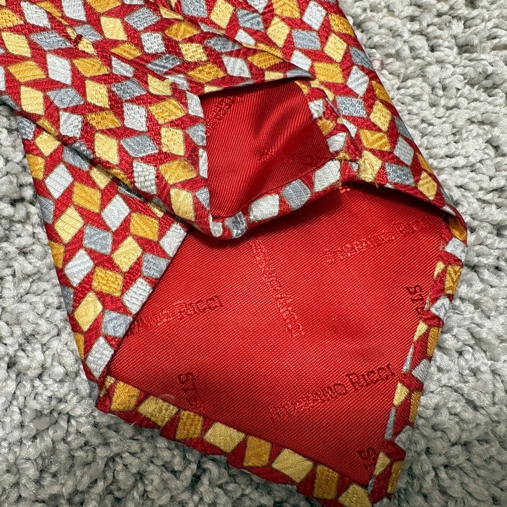 STEFANO RICCI Tie 3.75 x 59" Silk Necktie Geometric Red Orange Blue Yellow Italy - Picture 4 of 9